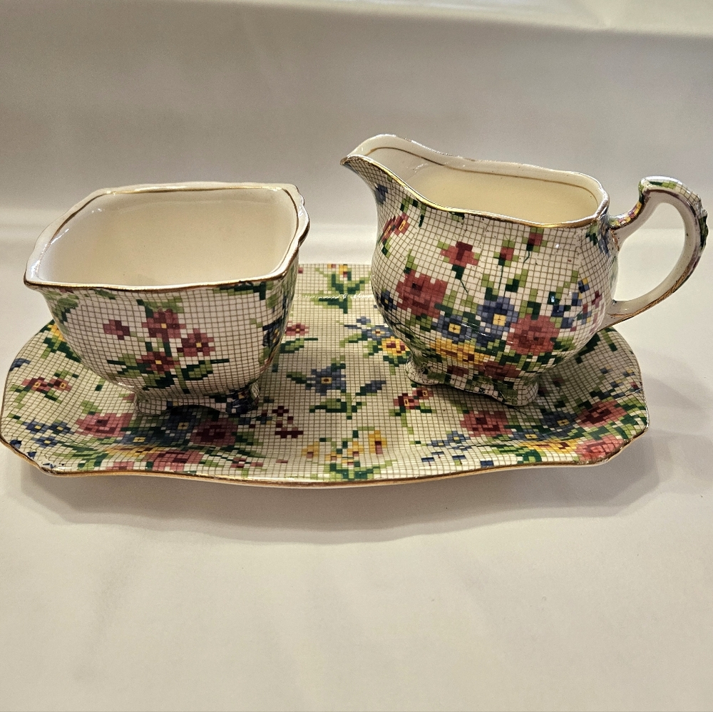 "Queen Anne" Chintz, cream, and sugar with tray.